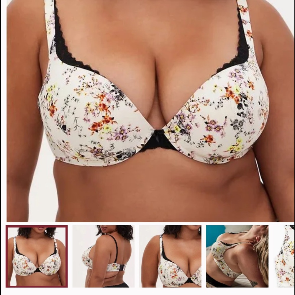 Torrid 42DDD SKULL FLORAL LACE PADDED PLUNGE PUSH UP BRA